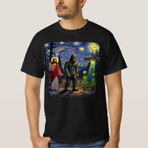Camiseta Bigfoot Jesus Aliens Noite Estrelada — Furgão Sasq