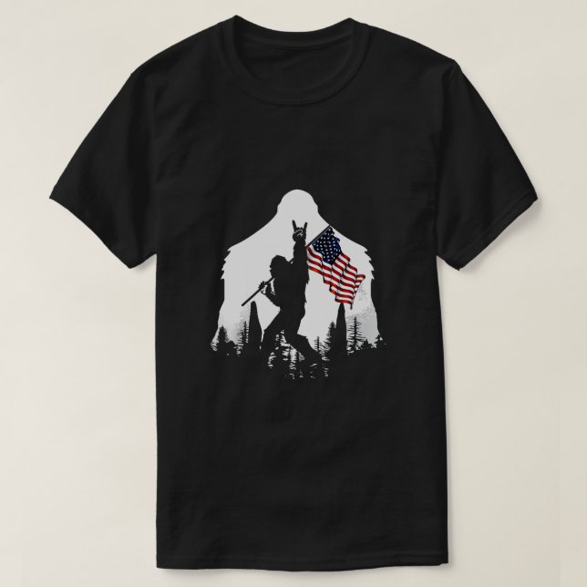Camiseta Bigfoot Rock And Roll Silhouette American Flag  (Frente do Design)