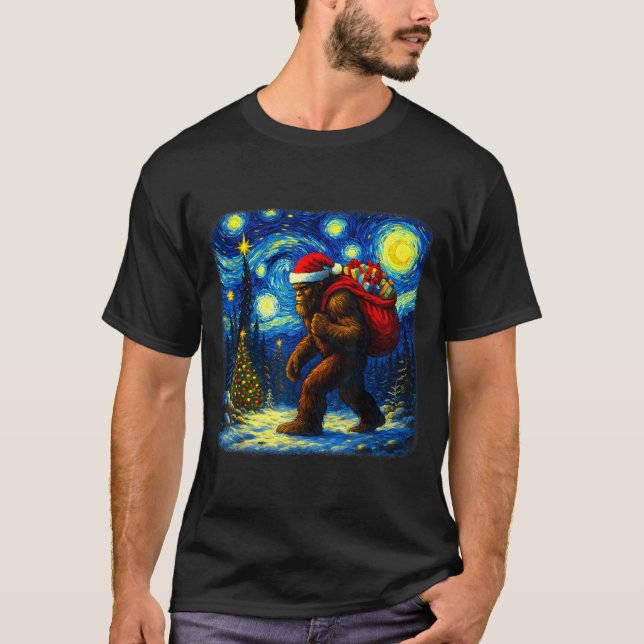 Camiseta Bigfoot Santa Christmas Starry Night Sasquatch Van (Frente)