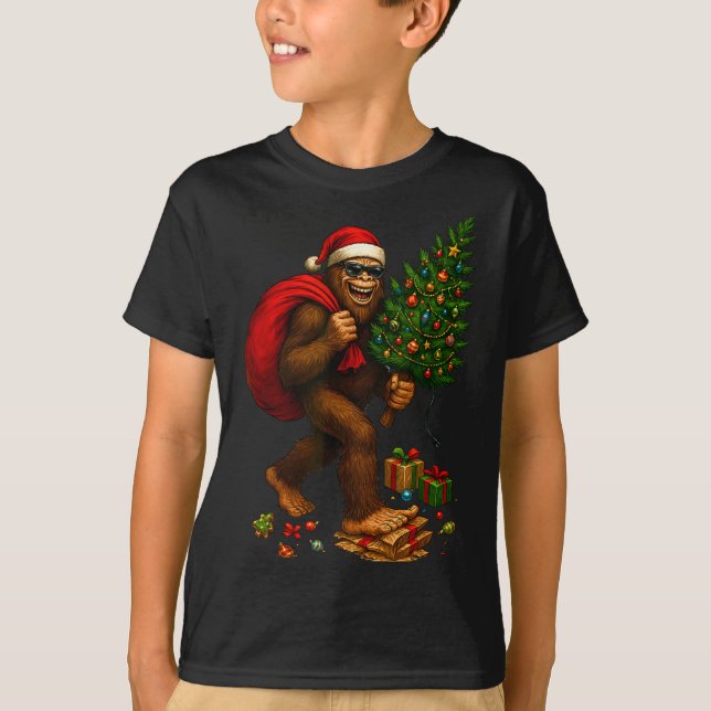 Camiseta Bigfoot Santa Christmas Tree Lights Xmas Boys Men  (Frente)