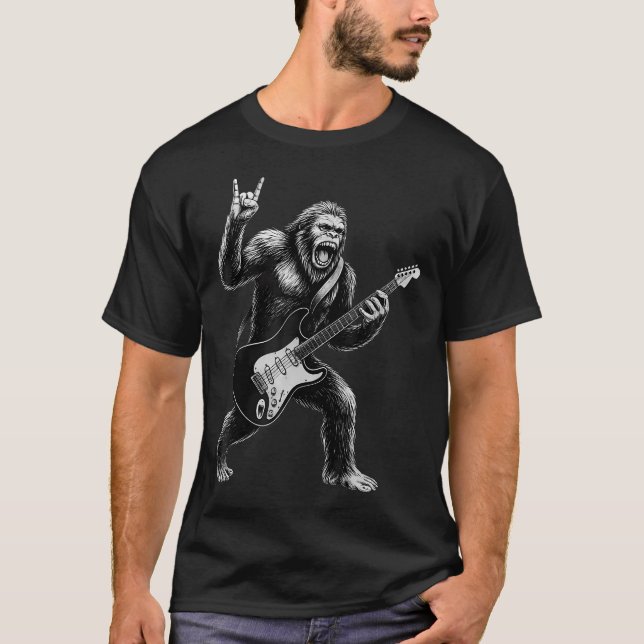 Camiseta Bigfoot Sasquatch Engraçado Tocando Violão Rock An (Frente)