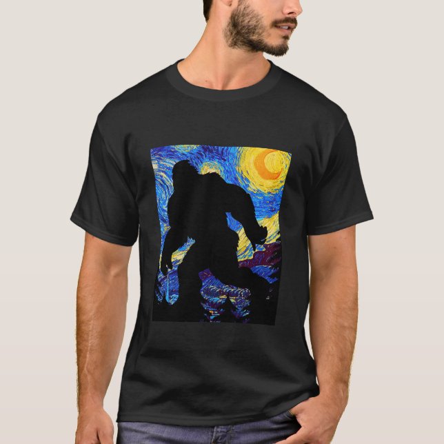 Camiseta Bigfoot Starry Night Sasquatch Van Gogh Sky Paint (Frente)