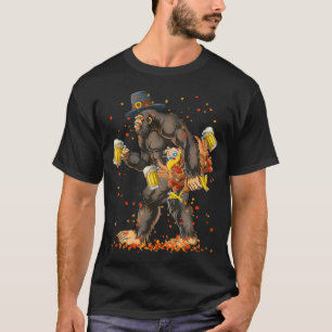 Camiseta Bigfoot Turkey Pumpkin Bebendo Beer Ação de Graças