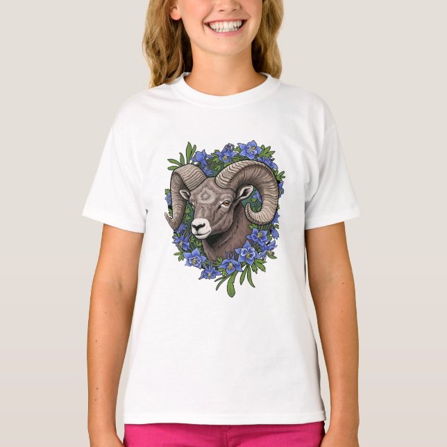 Camiseta Bighorn Sheep And Blue Colorado Columbine Flowers (Frente)
