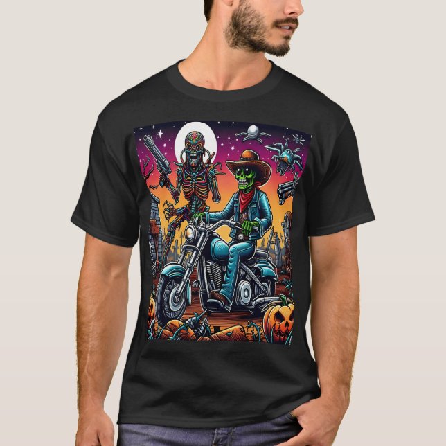 Camiseta Biker and Alien in Haunted Cemetery (Frente)