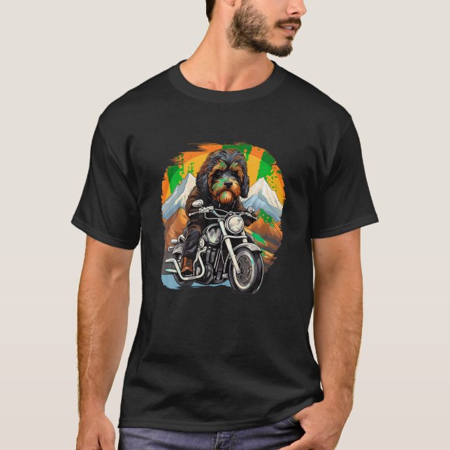 Camiseta Biker Bernedoodle Cão Dirigindo Motocicleta T (Frente)