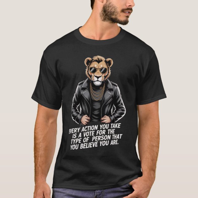 Camiseta Biker Lion Motivational Quote Tee | Every Action I (Frente)