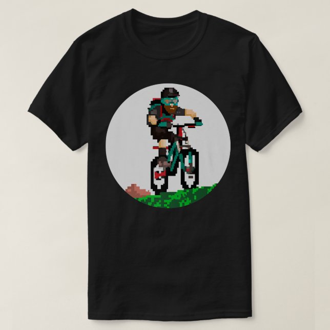 Camiseta Biker Mountainbiker Pixel Art Estilo de Jogos Retr (Frente do Design)