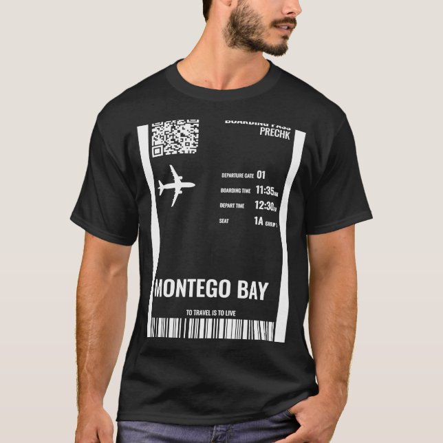 Camiseta Bilhete de Avião de Bordo Montego Bay Jamaica, (Frente)