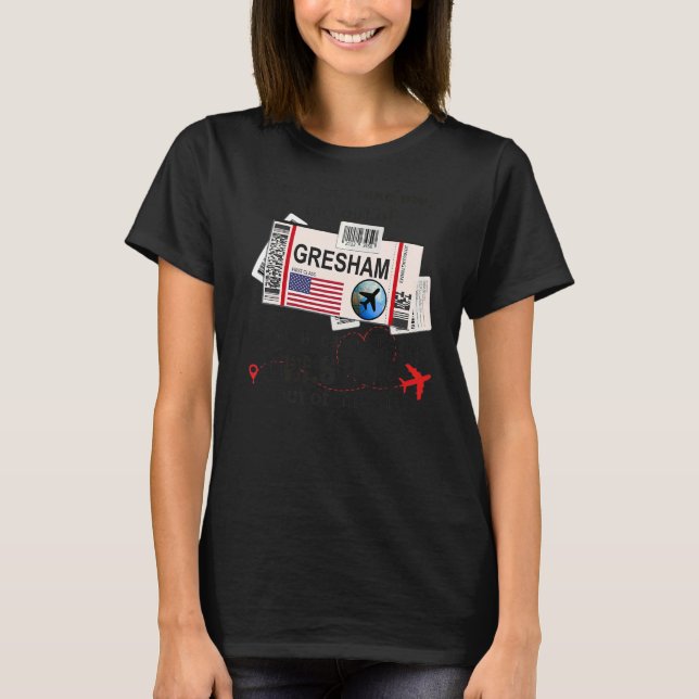 Camiseta Bilhete de Voo Gresham Girl do Gresham Boembarque (Frente)