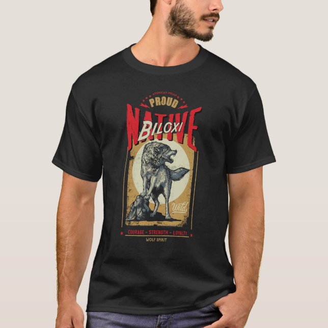 Camiseta Biloxi Native American Nascer Wolf Spirit Ret (Frente)