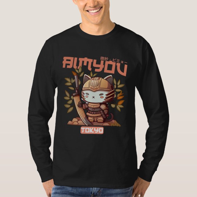 Camiseta Bimyou Samurai Cat Graphic with Cherry Blossom Tre (Frente)