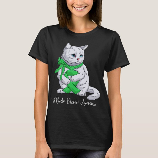 Camiseta Bipolar Disorder Awareness Month Green Ribbon Cat (Frente)