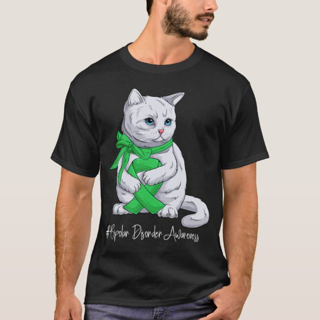 Camiseta Bipolar Disorder Awareness Month Green Ribbon Cat (Frente)