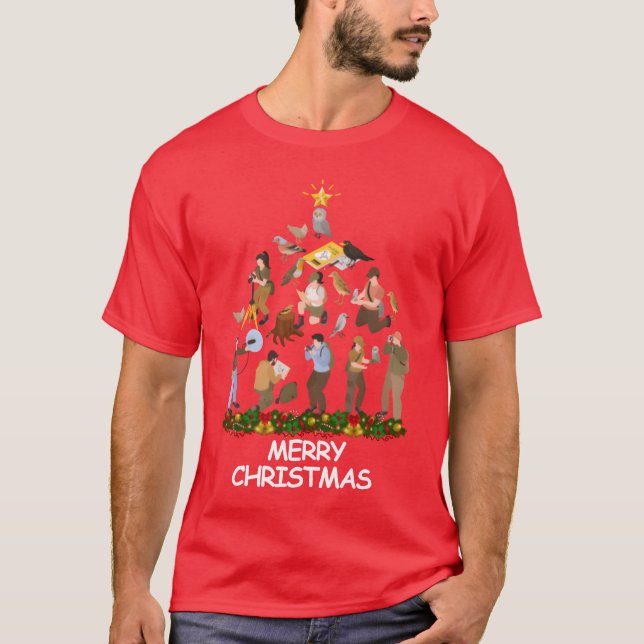 Camiseta Bird Assistindo Christmasree Feliz garota de Natal (Frente)