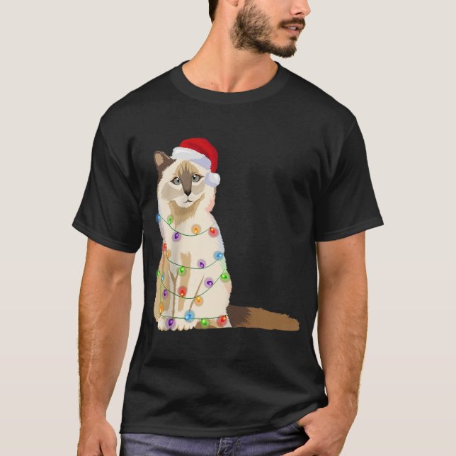Camiseta Birman Cat Christmas Lights Xmas Cat Lover Papais  (Frente)