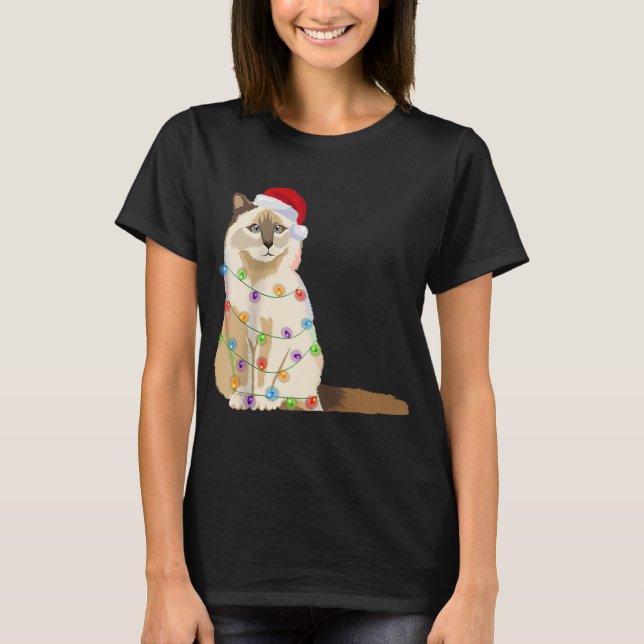 Camiseta Birman Cat Christmas Lights Xmas Cat Lover Papais  (Frente)