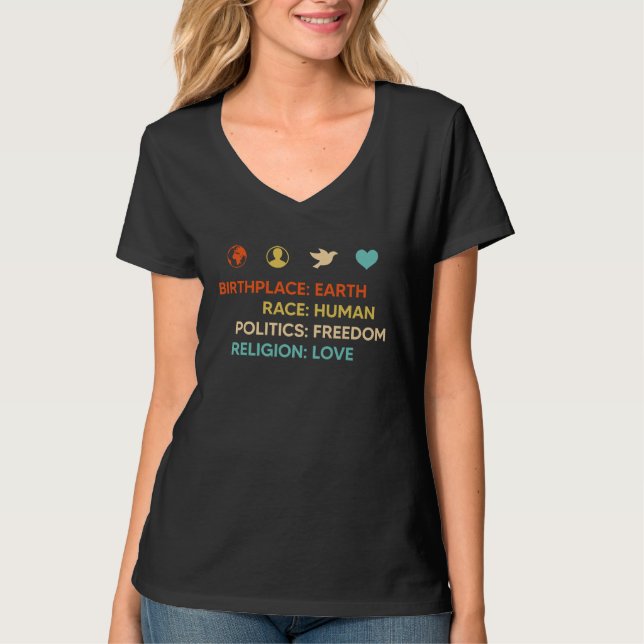 Camiseta Birth Place Earth Race Human Politics Freedom Reli (Frente)