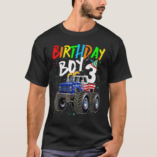 Camiseta Birthday Boy 3 Anos de Idade Bandeira do Monstro 3 (Frente)