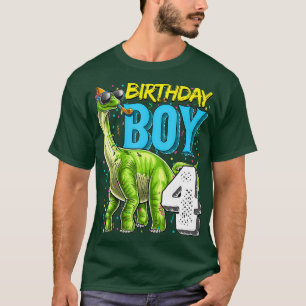 Camiseta Birthday Boy 4 4º Aniversário Pescoço Longo Dinoss