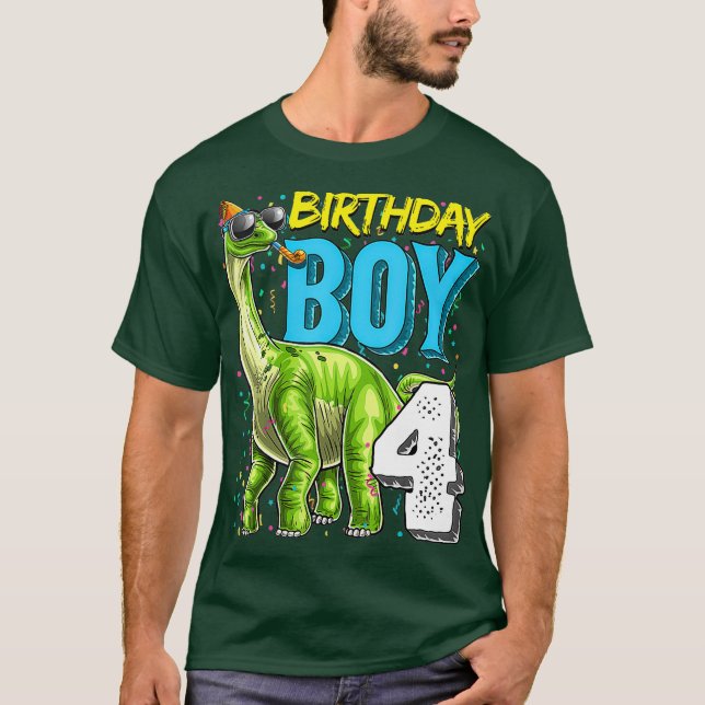 Camiseta Birthday Boy 4 4º Aniversário Pescoço Longo Dinoss (Frente)