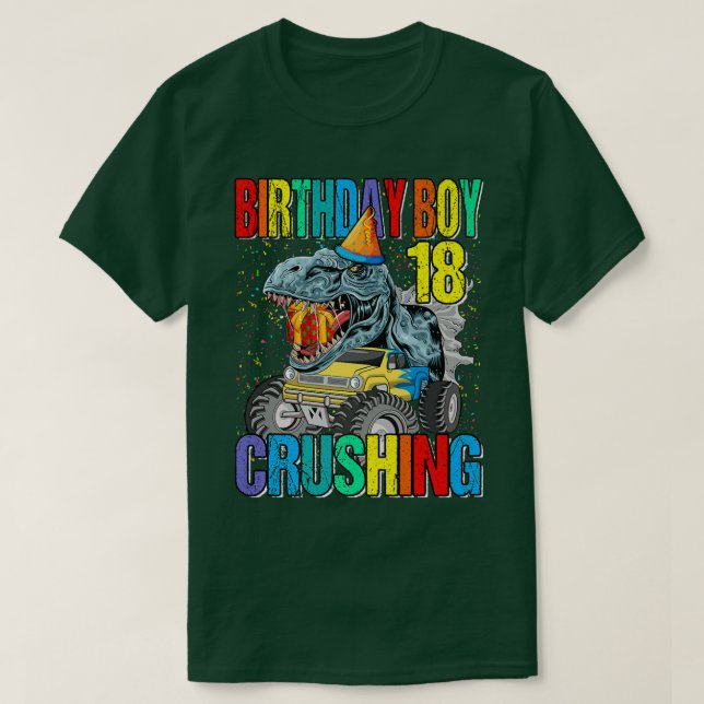 Camiseta Birthday Boy esmagando 18 Monstros Dinossauro de C (Frente do Design)