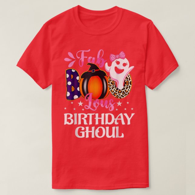 Camiseta Birthday Ghoul Halloween Meninas Mulheres Fab BOO  (Frente do Design)