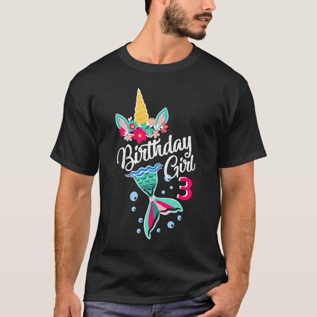 Camiseta Birthday Girl 3 sermaid unicorn correspondente no  (Frente)