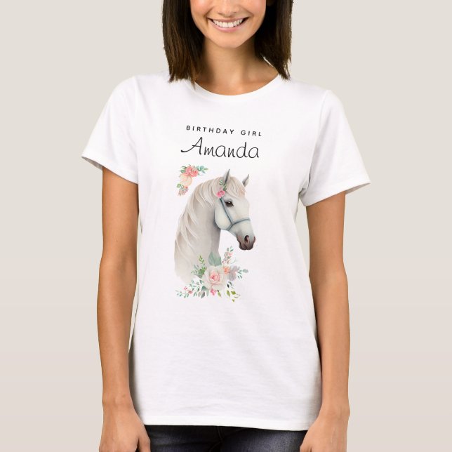 Camiseta Birthday Girl Elegant White Horse Boho Floral (Frente)