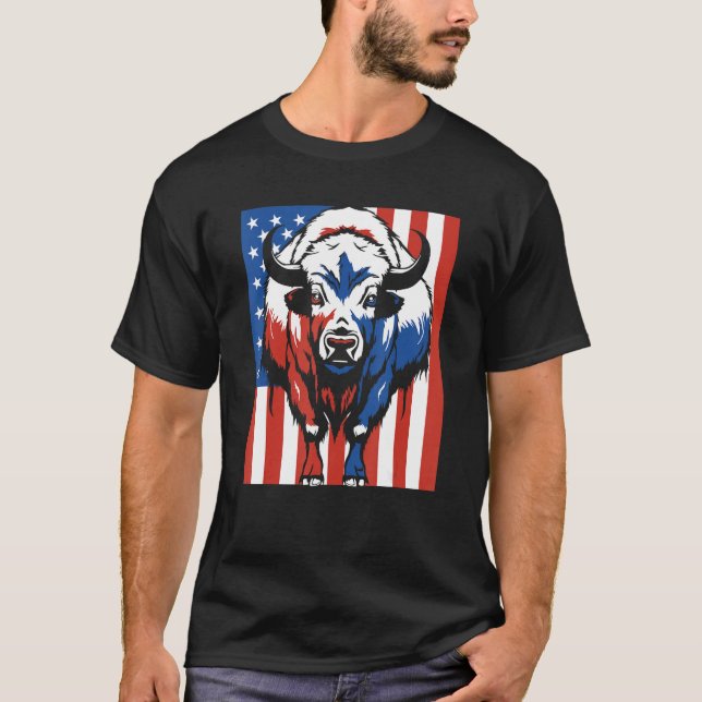 Camiseta Bisão Bandeira EUA Vida Selvagem Americano  Animal (Frente)