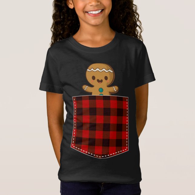 Camiseta Biscoito de Gingerpão de Xadrez Vermelha no Pocket (Frente)