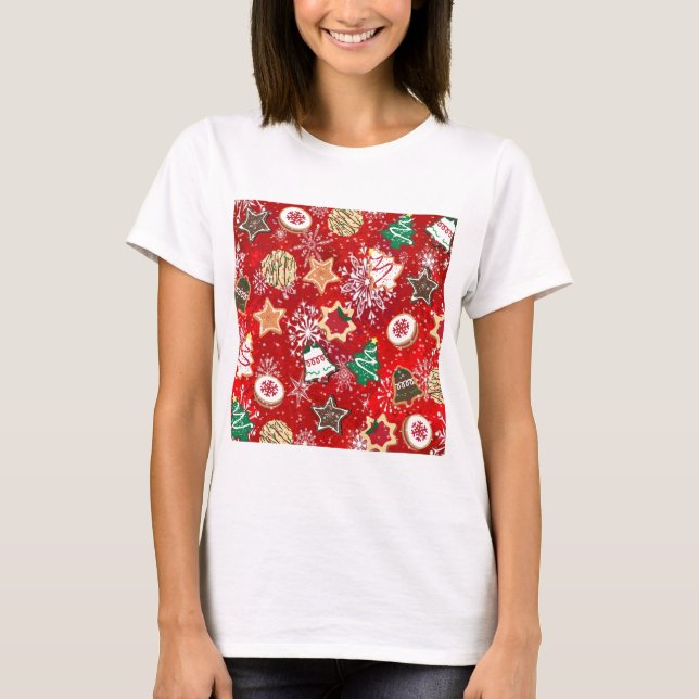 Camiseta Biscoitos de Natal e Flocos de Neve em Vermelho (Frente)