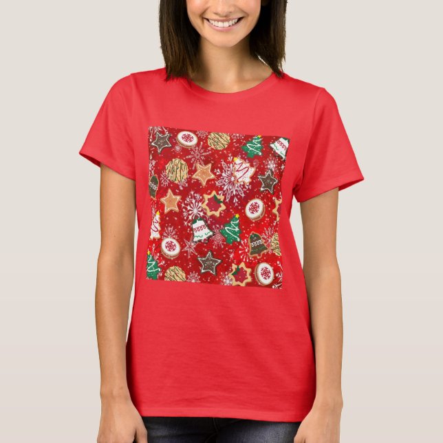 Camiseta Biscoitos de Natal e Flocos de Neve em Vermelho (Frente)