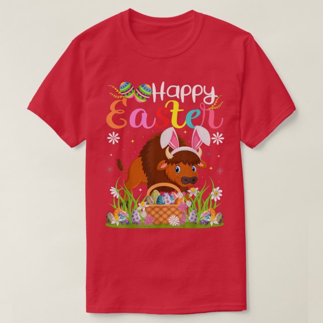 Camiseta Bison Bunny Egg Caçando Felz pascoa Engraçado Biso (Frente do Design)