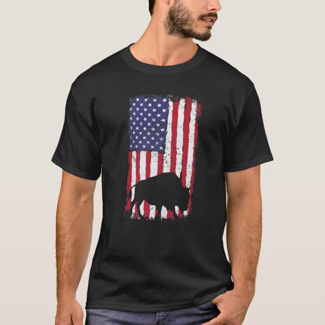 Camiseta Bison Hunter Hunter Us American Flag Bison (Frente)