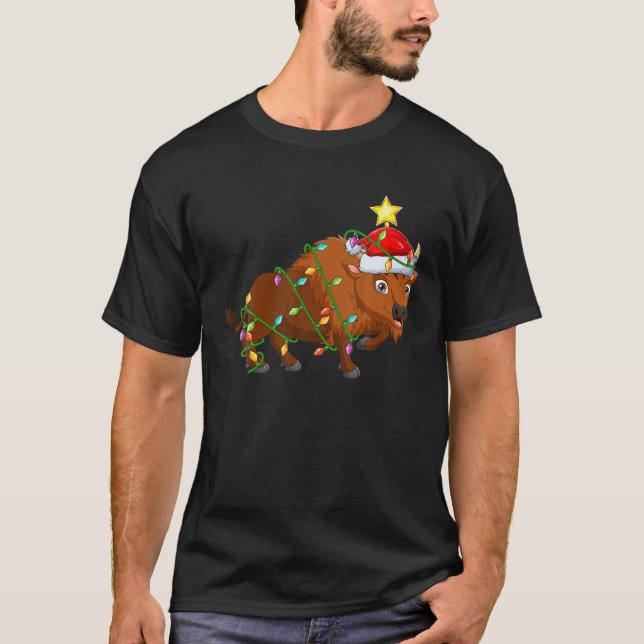 Camiseta Bison Lighting Xmas Tree Mating Bison Natal (Frente)