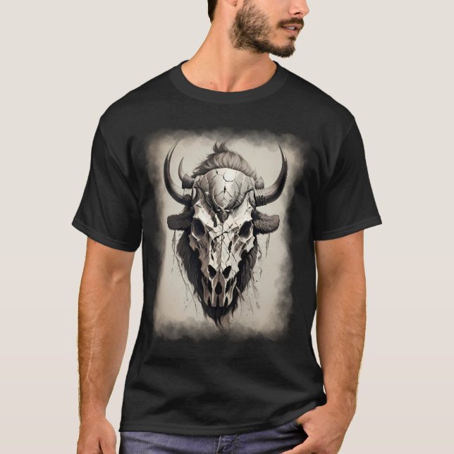 Camiseta Bison skull head búfalo estilo boho tatuado gótico (Frente)