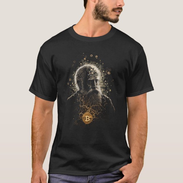 Camiseta Bitcoin logo and old wise man design black T-Shirt (Frente)