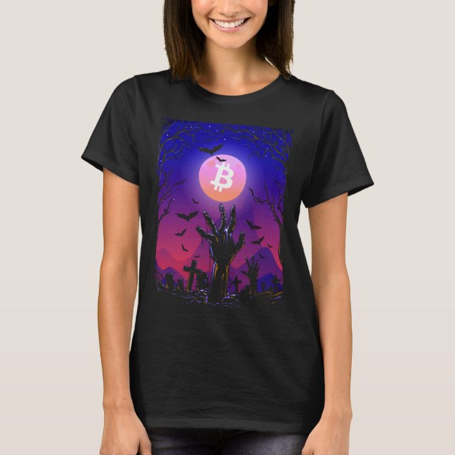 Camiseta Bitcoin Moon Tombstone Graveyard Creepy Halloween (Frente)