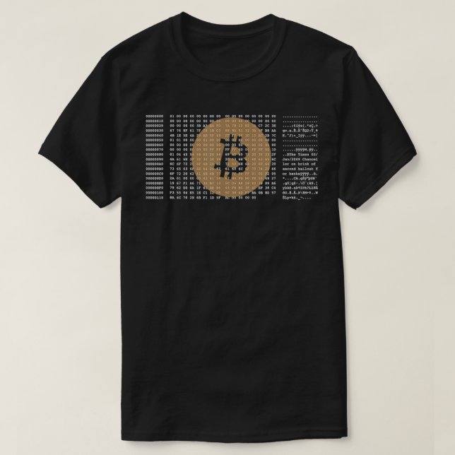 Camiseta Bitmoeda Satoshi Nakamoto Genesis Block Cryptocuro (Frente do Design)