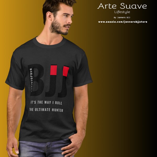 Camiseta BJJ brasileiro Jiu Jitsu adiciona nome Black Belt (Dark BJJ Tshirt worn by a medium build guy.)