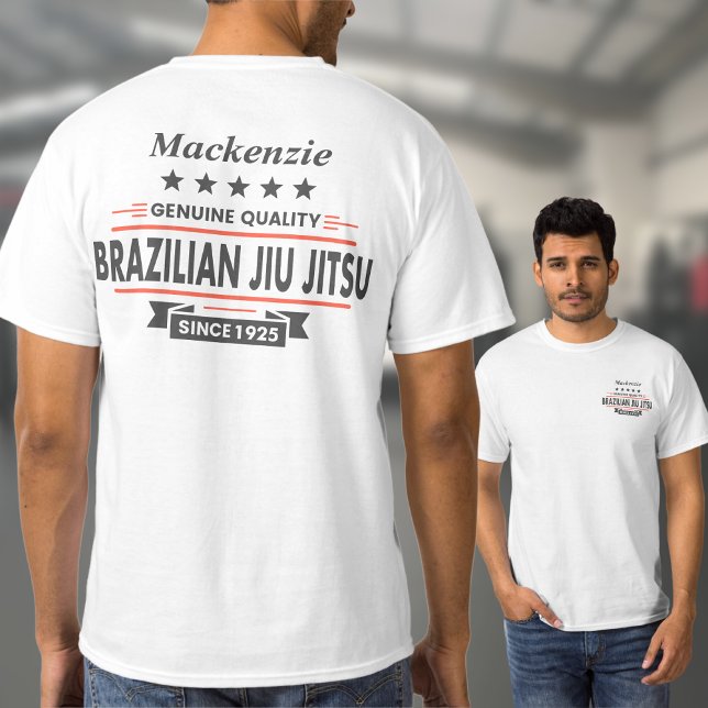 Camiseta BJJ brasileiro Jiu jitsu personalizado frente e tr (White Brazilian Jiu Jitsu Tshirt with large rear print and small front breast print)