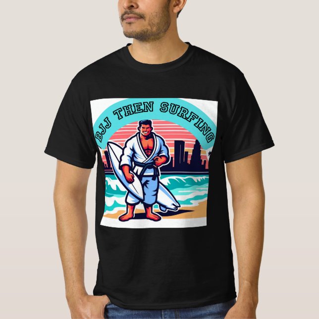 Camiseta bjj gi treina depois surfar na praia estilo de vid (Frente)