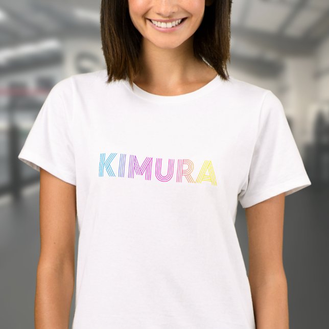 Camiseta BJJ Kimura brasileira Jiu Jitsu White Women's (Woman's BJJ Kimura t-shirt in white worn by a female model.)