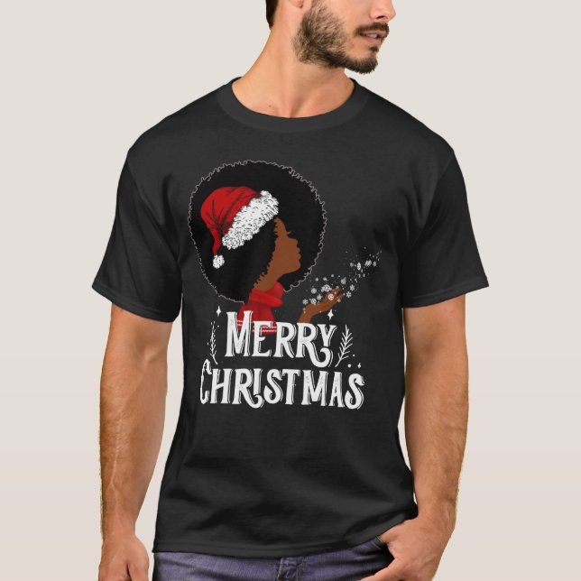 Camiseta Black African American Women Santa Hat Christmas M (Frente)