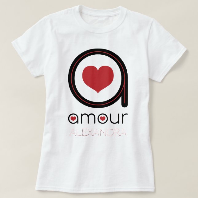 Camiseta Black Amour Love, Red Heart, Name Customized (Frente do Design)