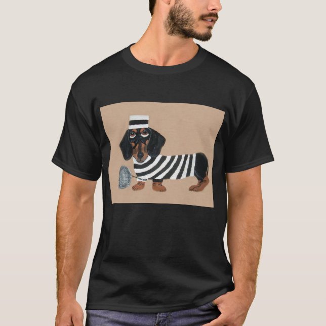 Camiseta Black and Brown Dachshund Treat Thief Jailbird (Frente)