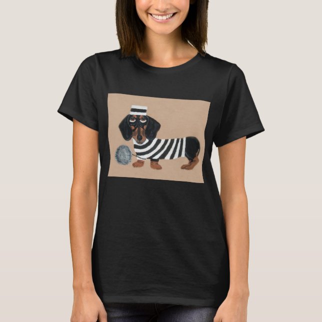 Camiseta Black and Brown Dachshund Treat Thief Jailbird (Frente)
