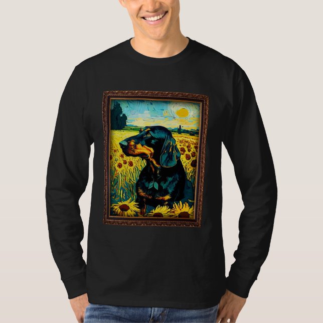 Camiseta Black and Tan Coonhound Painting Sunflower Flower  (Frente)