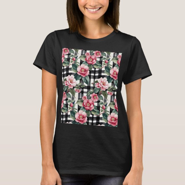 Camiseta Black and White Plaid With Leafy Pink Camellias (Frente)